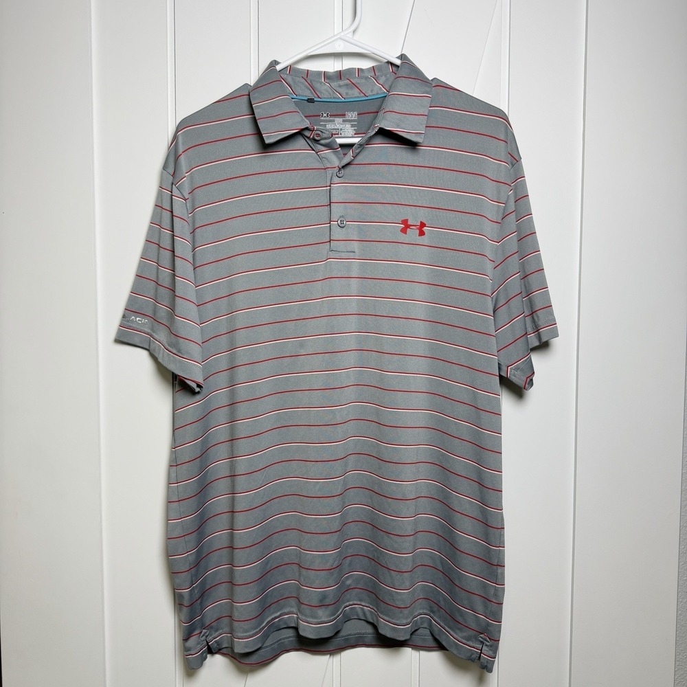 Under Armour Men's Loose Heat Gear golf polo shirt Large Activewear Gray Striped